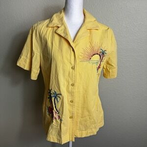 White Stag Women's Blouse Yellow Size S Short Sleeve Embroidered Palm Trees